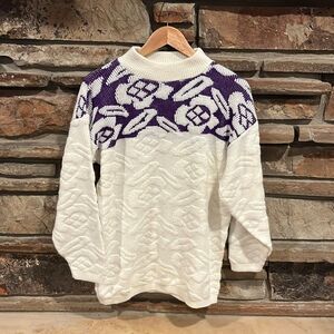Vintage Justin Allen Made in USA Floral White and Purple Sweater